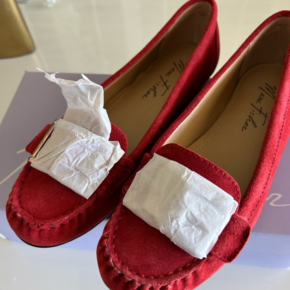Mark Fisher Red Suede Flats, Buckle Flats NIB - Picture 2 of 8